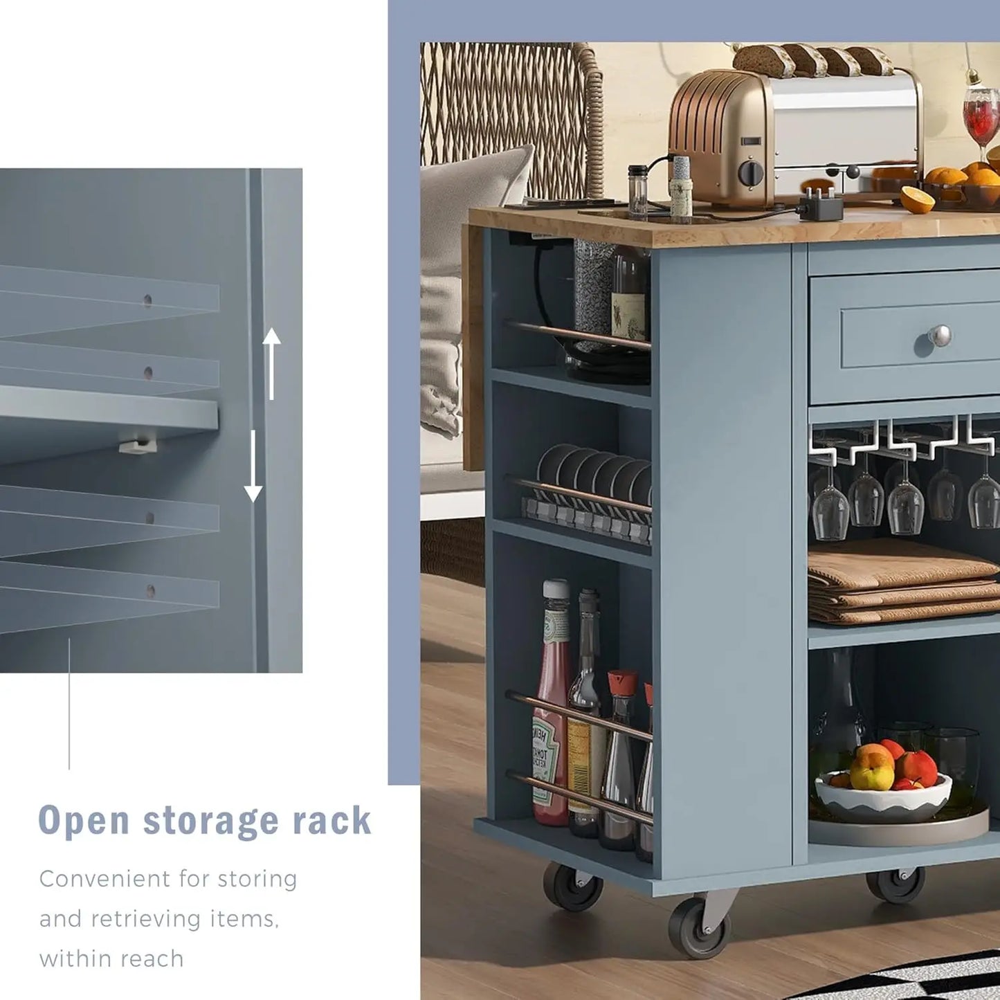 Island Drop Leaf & Wine RackPortable Rolling Cart W/Power Outlet