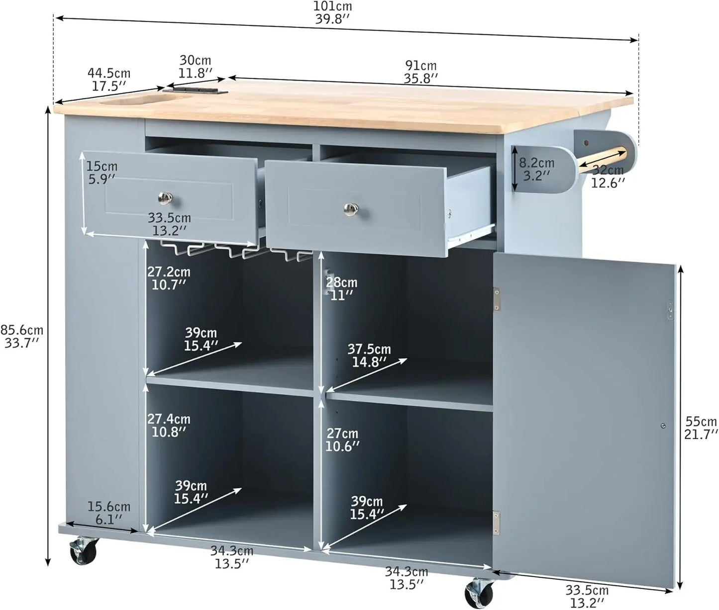 Island Drop Leaf & Wine RackPortable Rolling Cart W/Power Outlet