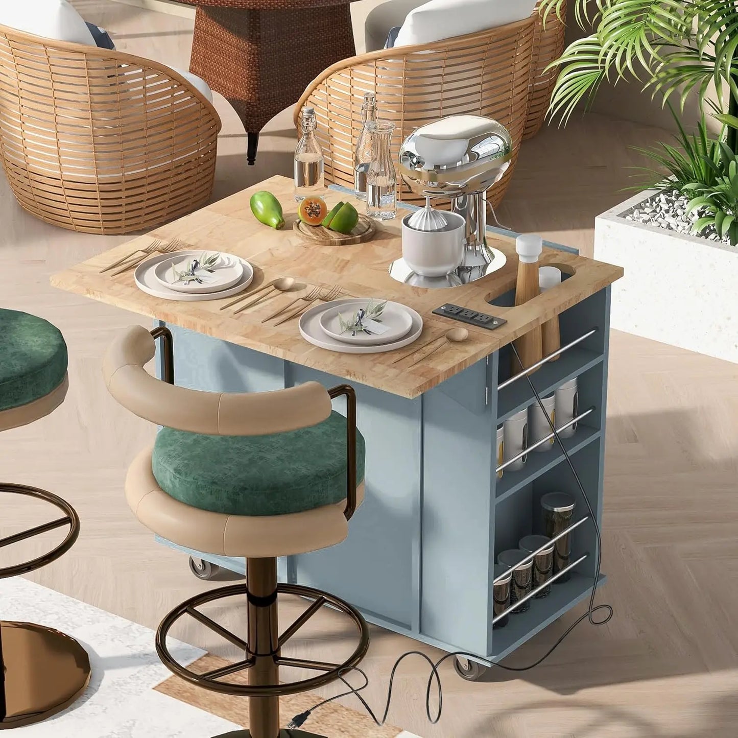 Island Drop Leaf & Wine RackPortable Rolling Cart W/Power Outlet