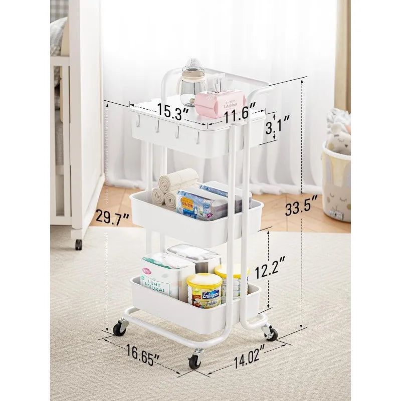 3 Tier Rolling Cart with Table Top, Utility Cart with Wheels - Shutter Shop Emporium