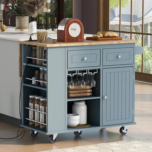 Island Drop Leaf & Wine RackPortable Rolling Cart W/Power Outlet