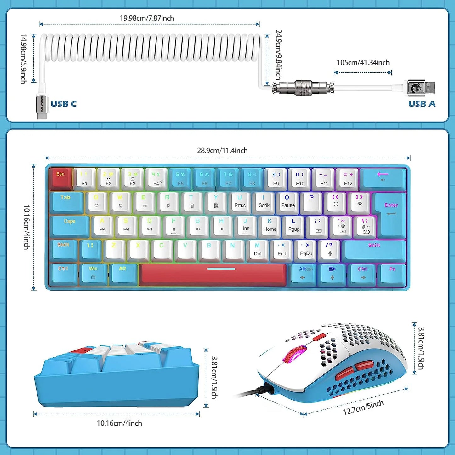 60% Mechanical Keyboard and Mouse Combo + Tray USB C Cable, RGB LED Backlit Keyboard,