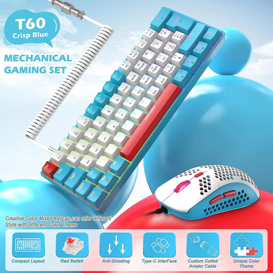 60% Mechanical Keyboard and Mouse Combo + Tray USB C Cable, RGB LED Backlit Keyboard,