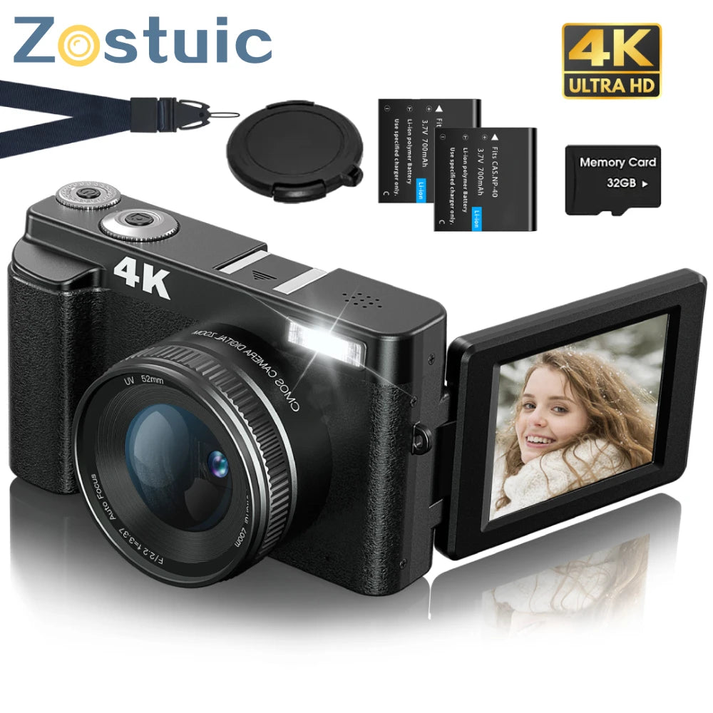 ZOSTUIC 4K Digital Camera for Photography Autofocus 48MP Vlogging Camera with 3'' 180°Flip Screen 16X Digital Zoom 4K Video Cam