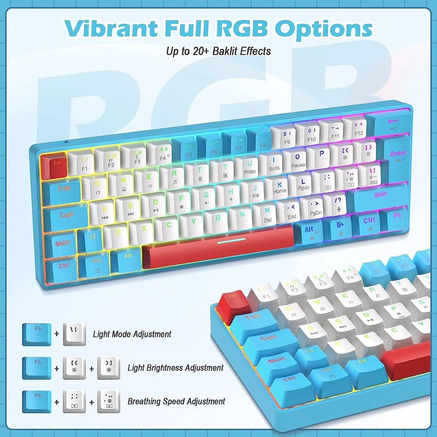 60% Mechanical Keyboard and Mouse Combo + Tray USB C Cable, RGB LED Backlit Keyboard,